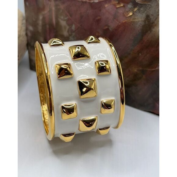 Kenneth Jay Lane Polished Gold 22K Goldplated & White Enamel Pyramid Wide Cuff